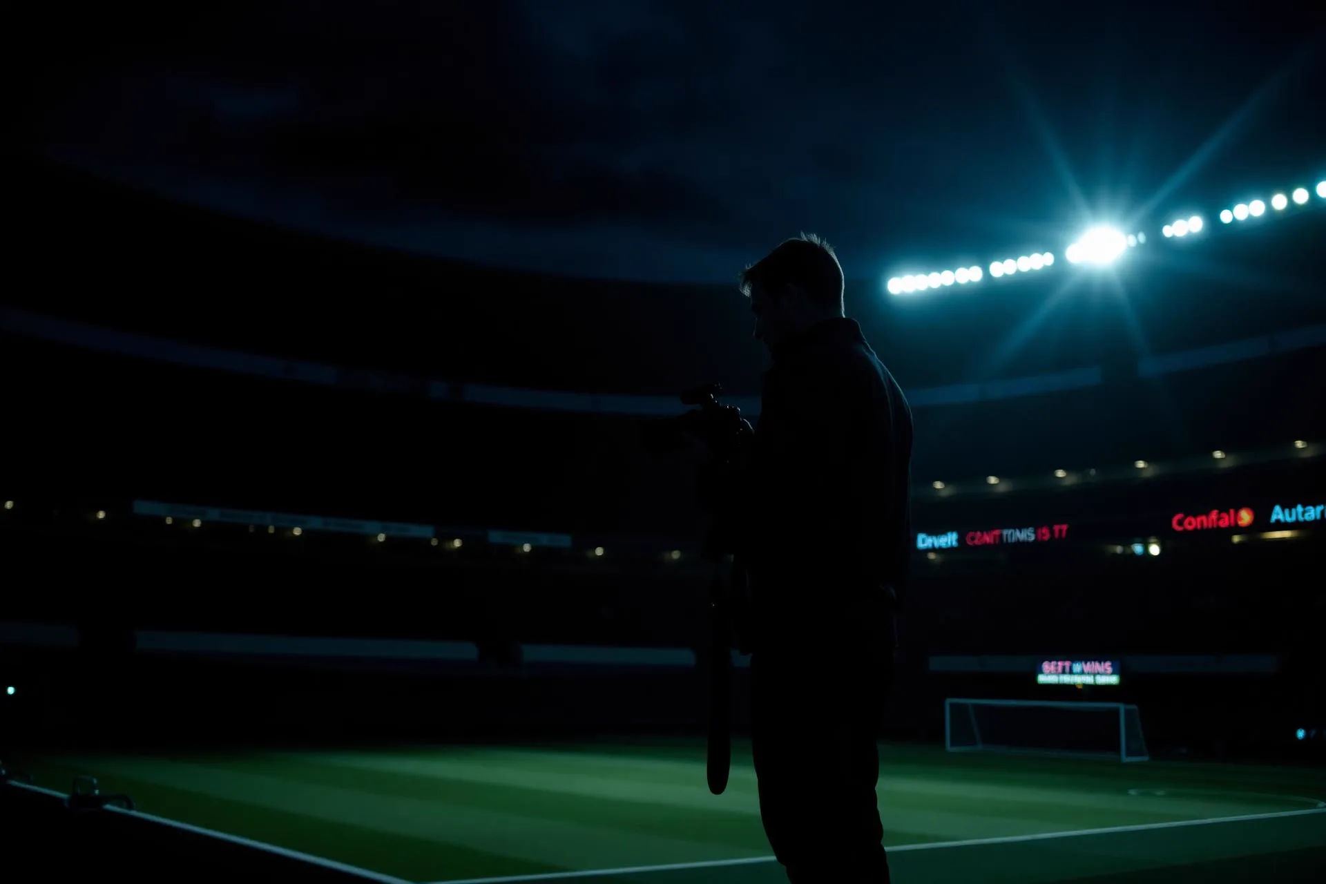 Fotógrafo em silhueta captando um jogo noturno sob os refletores do estádio